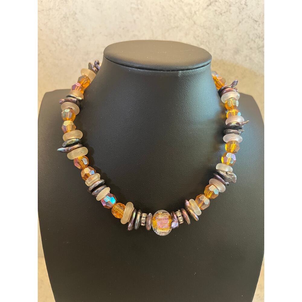 Retro Pumpkin King Artisan Fall glass and pearl statement necklace black orange